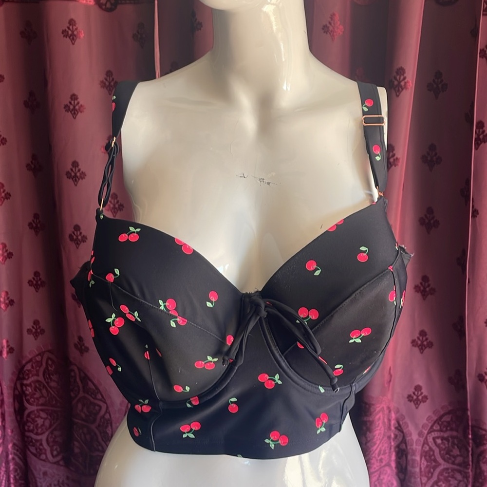 Smart & Sexy Swim Black & Red Cherry Pinup Swim Top Size 44D